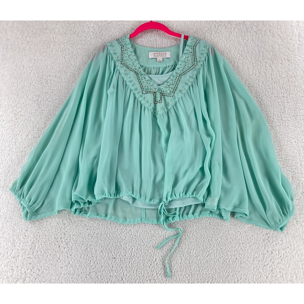American Glamour Badgley Mischka Shirt Women Large Green Long Sleeve Beaded Boho